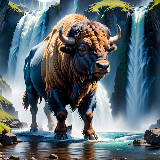 Photo of a bison in a jeans in the waterfall