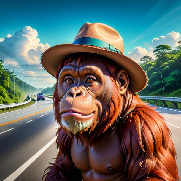 Ilustración de un orangután en un sombrero en la carretera