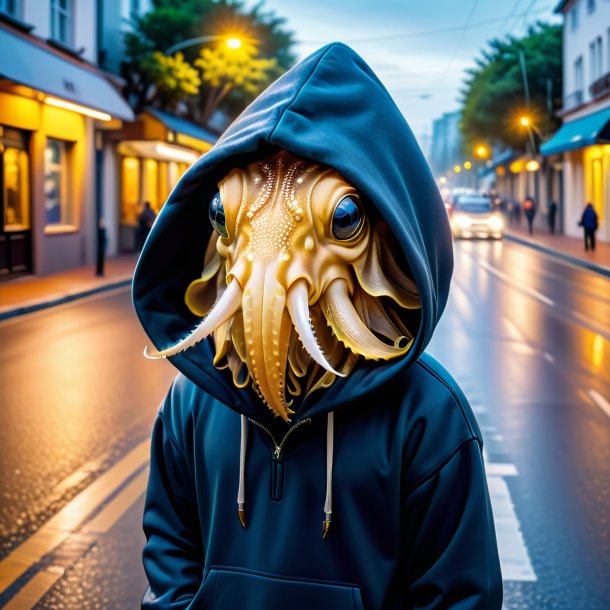 Photo of a cuttlefish in a hoodie on the road