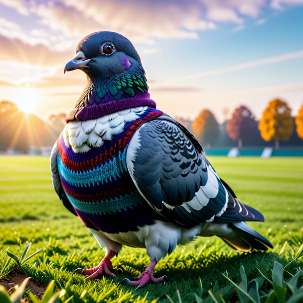 Foto de una paloma en un suéter en el campo