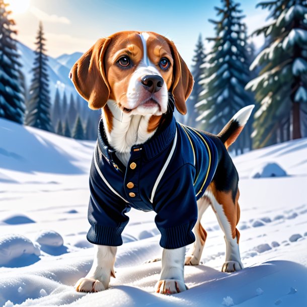 Photo of a beagle in a trousers in the snow