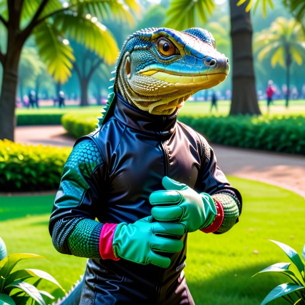 Image of a monitor lizard in a gloves in the park