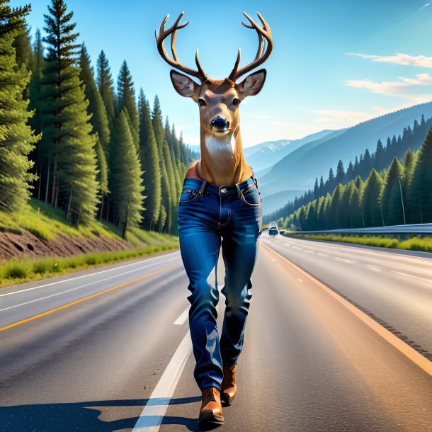 Pic d'un cerf dans un jean sur l'autoroute