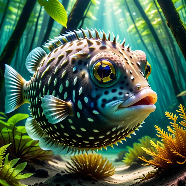 Pic of a swimming of a pufferfish in the forest