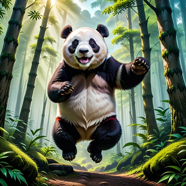 De um salto de um panda gigante na floresta