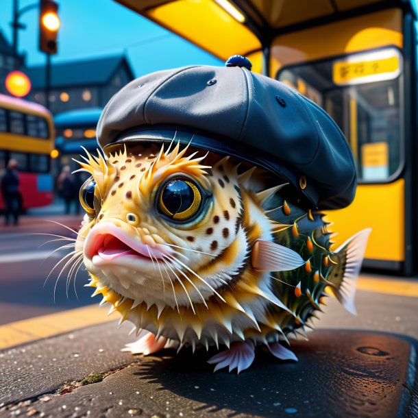 Image of a pufferfish in a cap on the bus stop