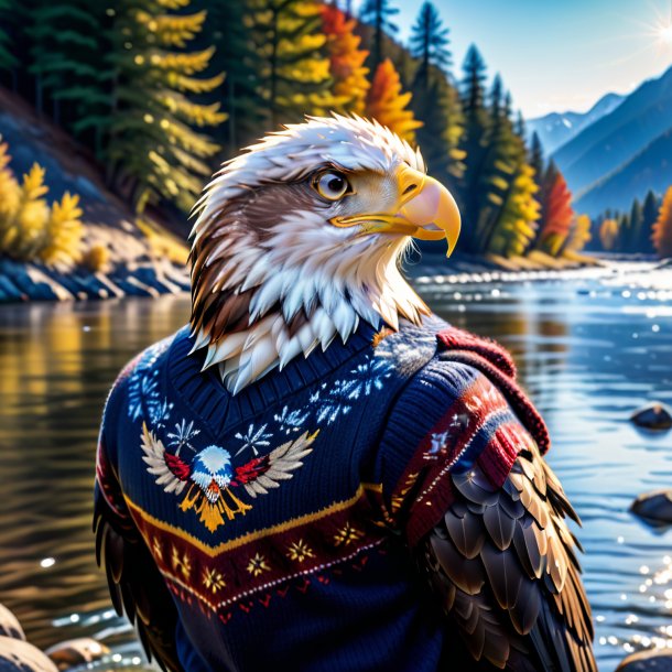 Pic of a eagle in a sweater in the river