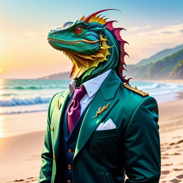 Image of a basilisk in a jacket on the beach