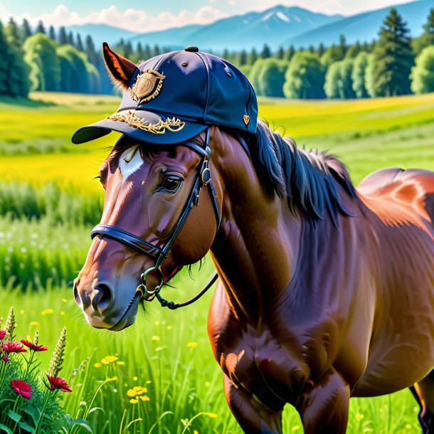 Picture of a horse in a cap in the meadow