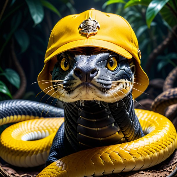 Foto de uma cobra rei em um boné amarelo