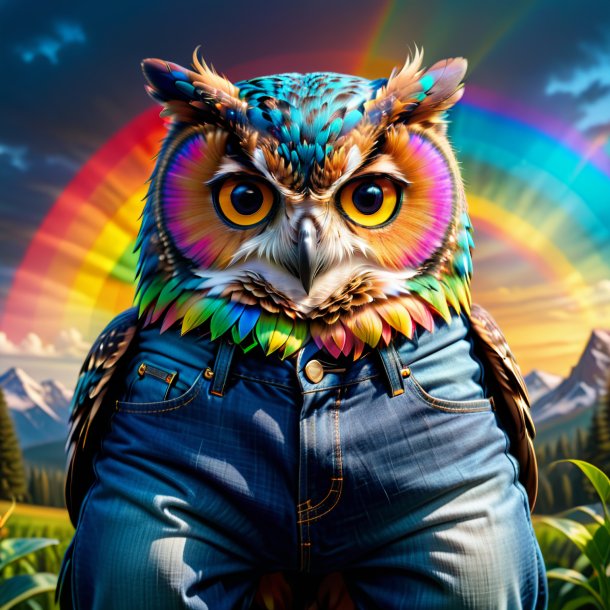 Pic of a owl in a jeans on the rainbow