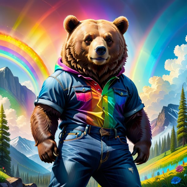 Drawing of a bear in a jeans on the rainbow