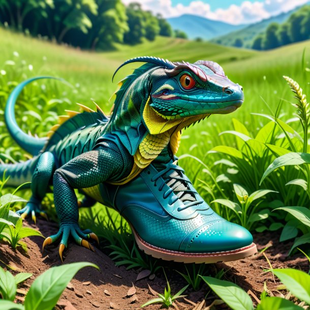 Pic of a basilisk in a shoes in the meadow