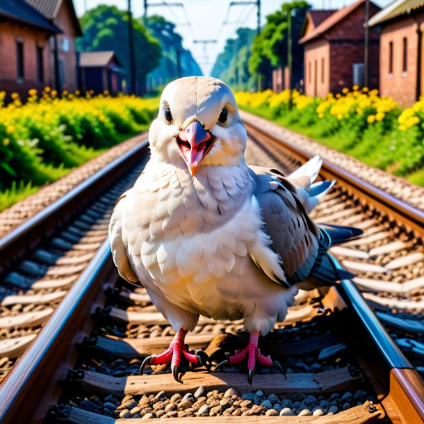 Picture of a smiling of a dove on the railway tracks