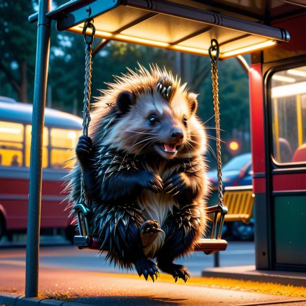 Photo of a swinging on a swing of a porcupine on the bus stop