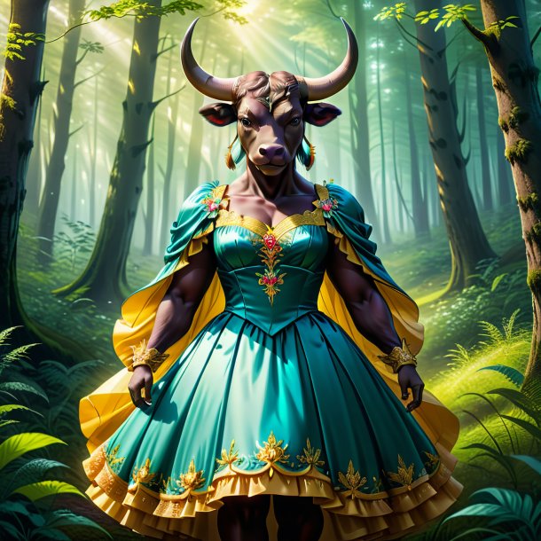 Illustration of a bull in a dress in the forest