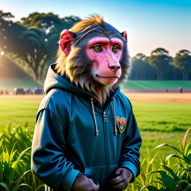 Pic of a baboon in a hoodie on the field