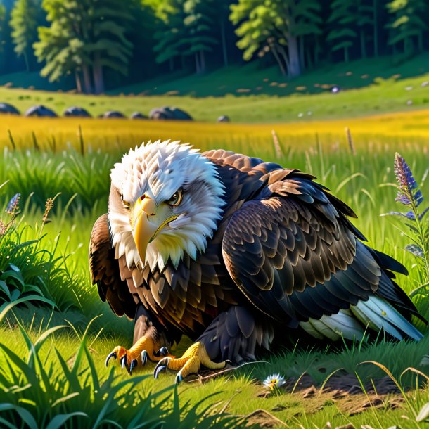 Image of a sleeping of a eagle in the meadow