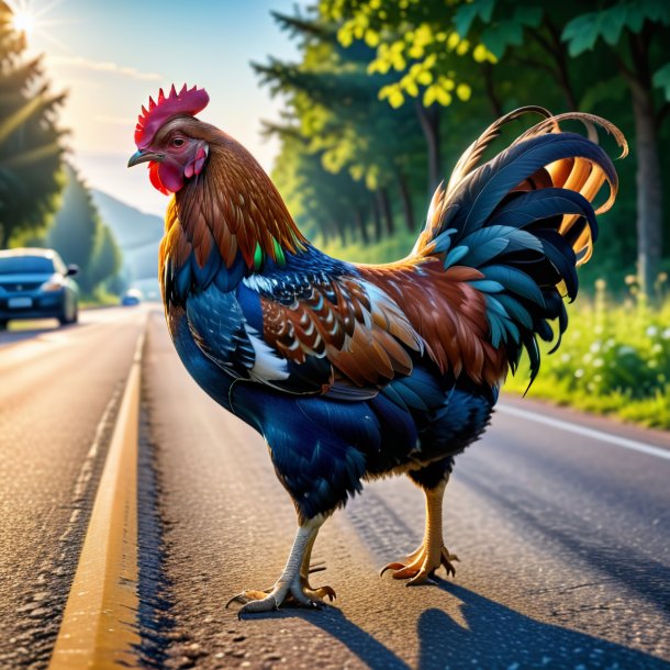 Pic d'une poule dans un jean sur la route