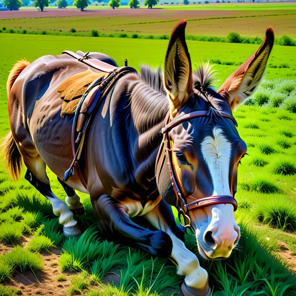 Photo of a sleeping of a mule on the field