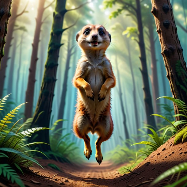 Picture of a jumping of a meerkat in the forest