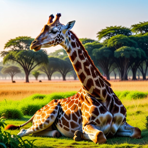 Pic d'un repos d'une girafe sur le champ