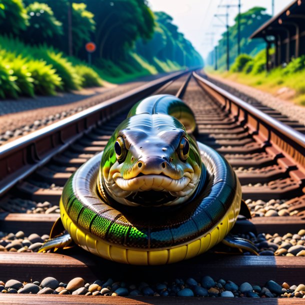 Picture of a eel in a belt on the railway tracks