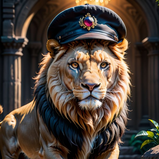 Picture of a lion in a black cap