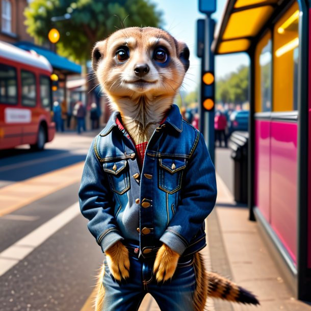 Imagem de um meerkat em um jeans no ponto de ônibus