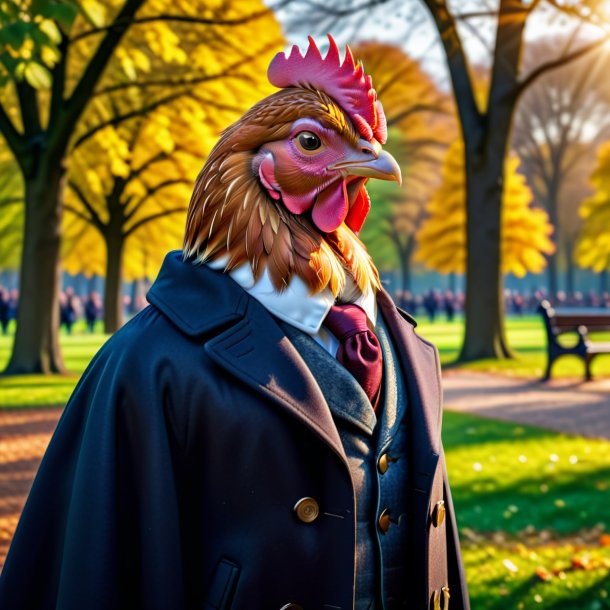 Imagen de una gallina en un abrigo en el parque