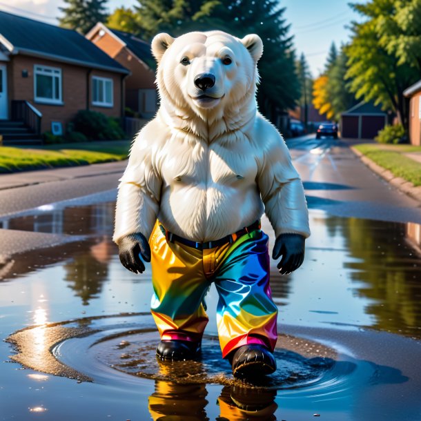 Foto de um urso polar em uma calça na poça