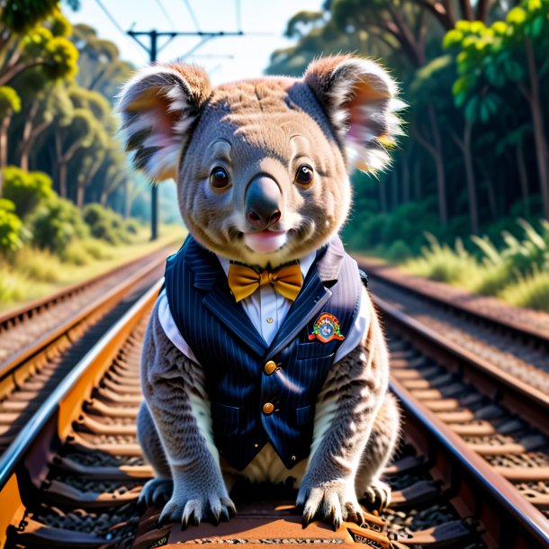 Photo d'un koala dans un gilet sur les voies ferrées