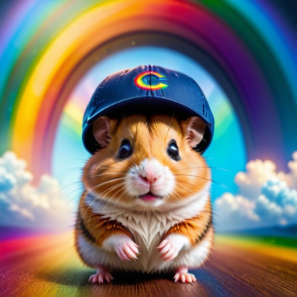 Photo d'un hamster dans une casquette sur l'arc-en-ciel