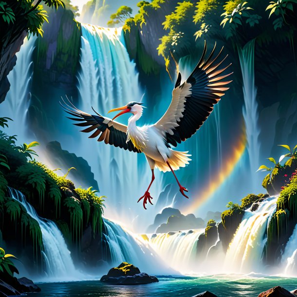 Pic of a threatening of a stork in the waterfall