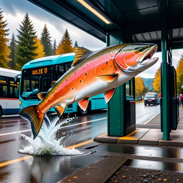 Imagem de um salto de um salmão na parada de ônibus