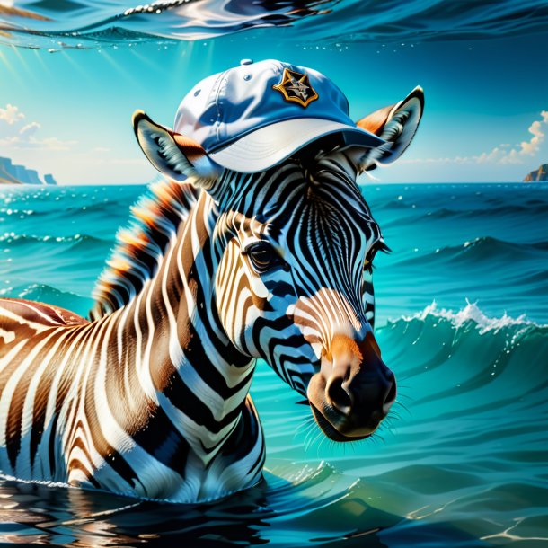 Drawing of a zebra in a cap in the sea