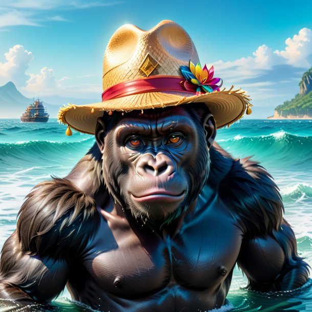 Image of a gorilla in a hat in the sea