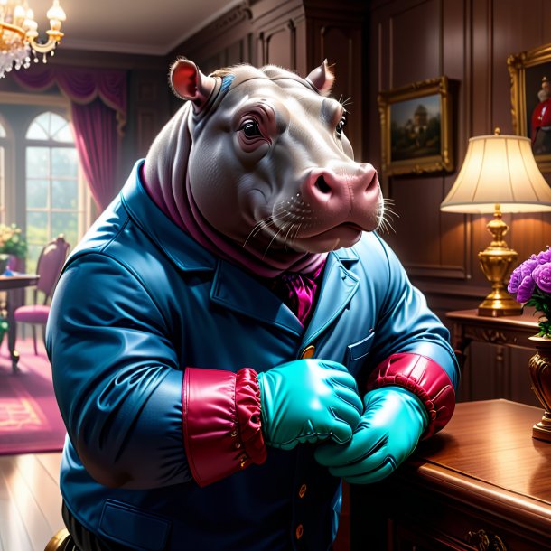 Illustration of a hippopotamus in a gloves in the house