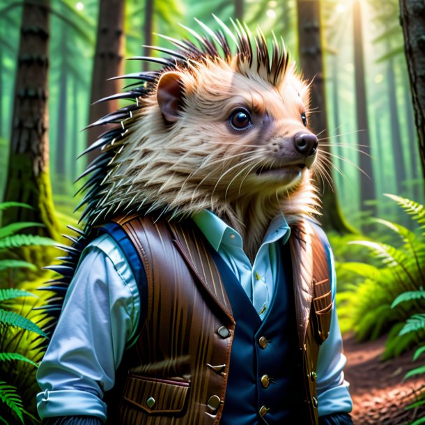 Pic of a porcupine in a vest in the forest