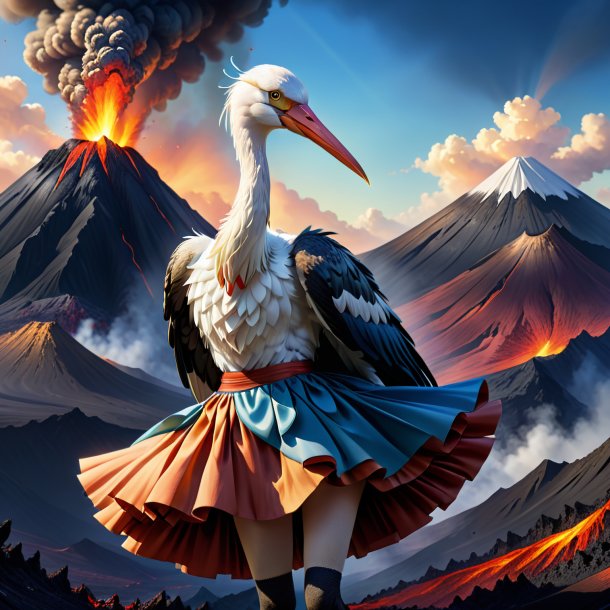 Illustration d'une cigogne dans une jupe dans le volcan