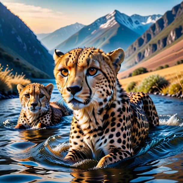 Photo of a swimming of a cheetah in the mountains