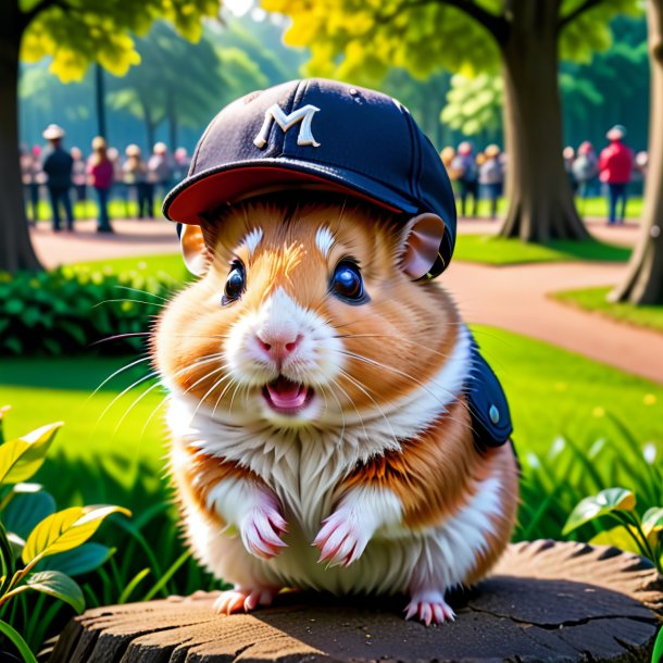 Foto de um hamster em um boné no parque