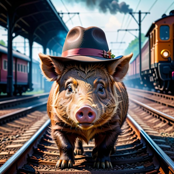 Foto de un jabalí en un sombrero en las vías del ferrocarril