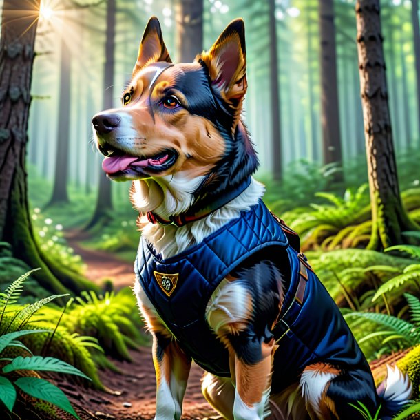 Imagen de un perro en un chaleco en el bosque