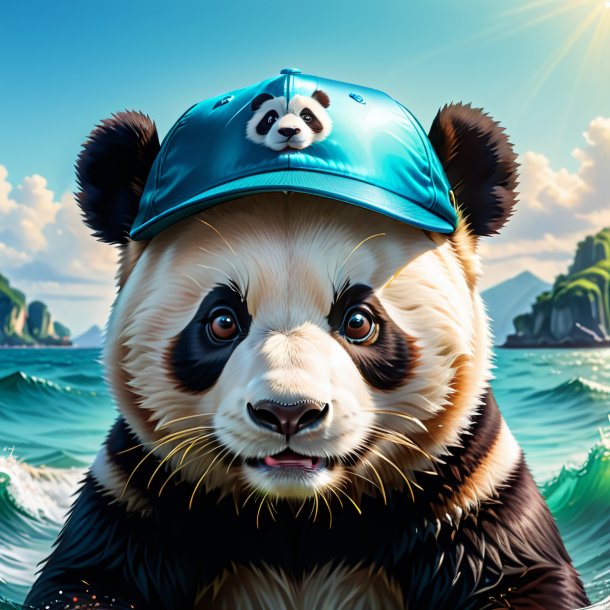 Drawing of a giant panda in a cap in the sea