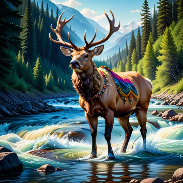 Illustration d'un wapiti dans un pantalon dans la rivière