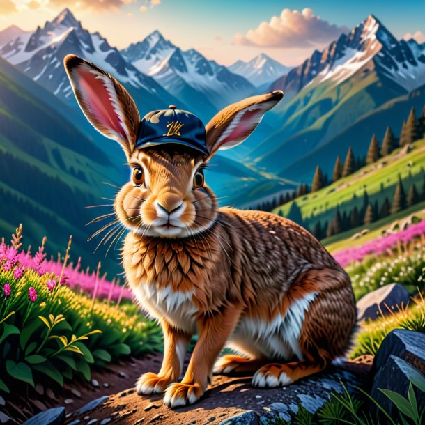 Picture of a hare in a cap in the mountains