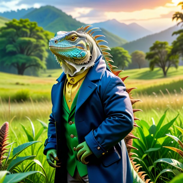 Image of a iguana in a coat in the meadow