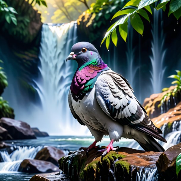 Imagem de um pombo em uma jaqueta na cachoeira