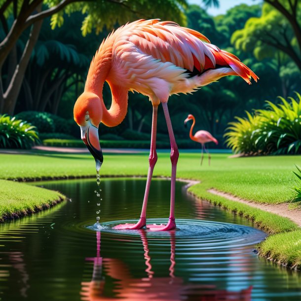 Picture of a drinking of a flamingo in the park